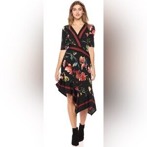 BCBGMAXAZRIA 1/2 Sleeve Asymmetrical Floral Faux Wrap Midi Dress ZB2